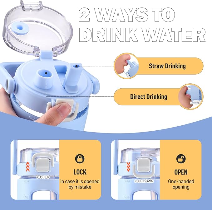 BLUEGO 32oz Glass Tumbler with Lid and Handle, Iced Coffee Cup with Straws, Glass Water Bottle with Silicone Sleeve and Volume, Marker Glass Cup with Time Marking, BPA Free, Blue