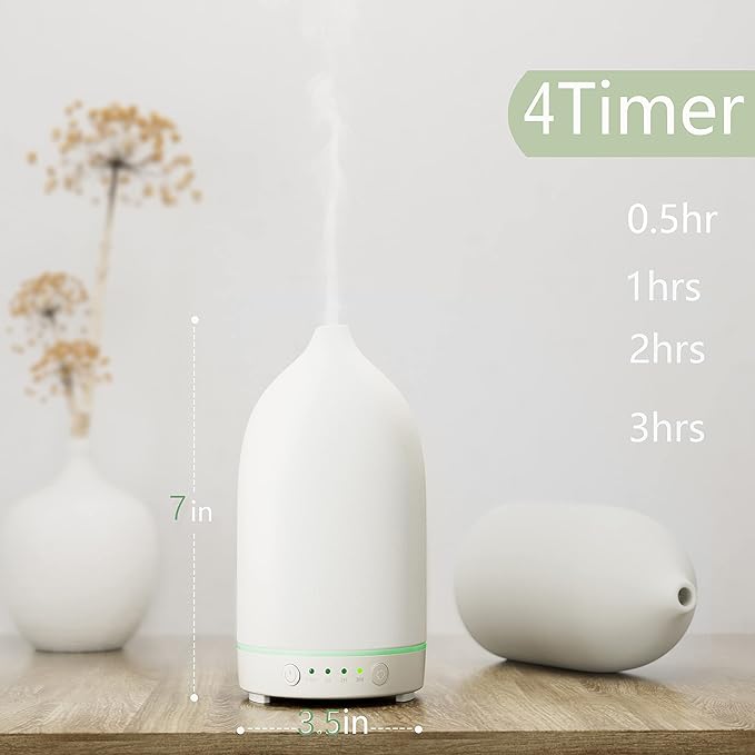 Essential Oil Diffusers,Handmade Ceramic Aromatherapy Diffuser for Room and 9 Colors Night Light for Home,Auto-Off (White)