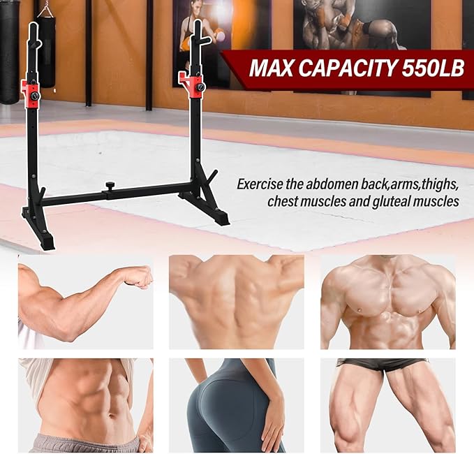 BESTHLS Adjustable Squat Rack Stand with Barbell Rack, Weight Plate Holder, J Hooks,Dip Bar Station for Bench Press Strength Training Max Load 550LBS Suitable for Gym and Home Fitness