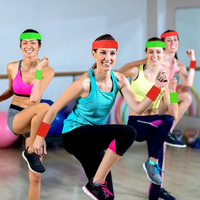 24 Pcs Neon Sweatbands Set Include 8 Pcs Sports Headband and 16 Pcs Cotton Wristbands 80s Neon Sweat Bands Bulk for Gym, Tennis, Basketball, Running, Exercise