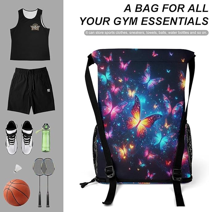 Custom Butterfly Drawstring Backpack - Cute Cinch Sack, String Backpacks with Pocket for Kids Boys Girls Women Men for Gym Outdoor Sports Travel Athletic Drawstring Bag - Lightweight/Foldable