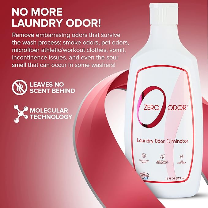 Zero Odor – Laundry Odor Eliminator - Permanently Eliminate laundry Odor – Patented Molecular Technology Best For Clothes, Towels & Linens, Shoes, Bags, Etc. - rinse and refresh Again, 16oz (3-Pack)