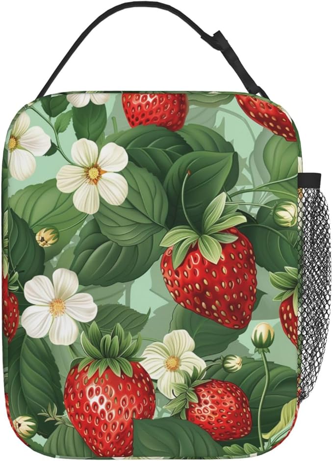 Fresh Strawberry Pattern Insulated Lunch Box Gifts for Girls Women Kids Adults Red Berry Fruit Design Reusable Portable Lunchbox Cooler Lunchbag for Work Picnic School Travel or Hiking