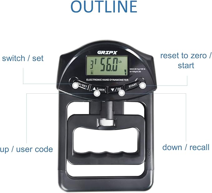 GRIPX Digital Hand Dynamometer Grip Strength Measurement Meter Auto Capturing Electronic Hand Grip Power 198Lbs / 90Kgs