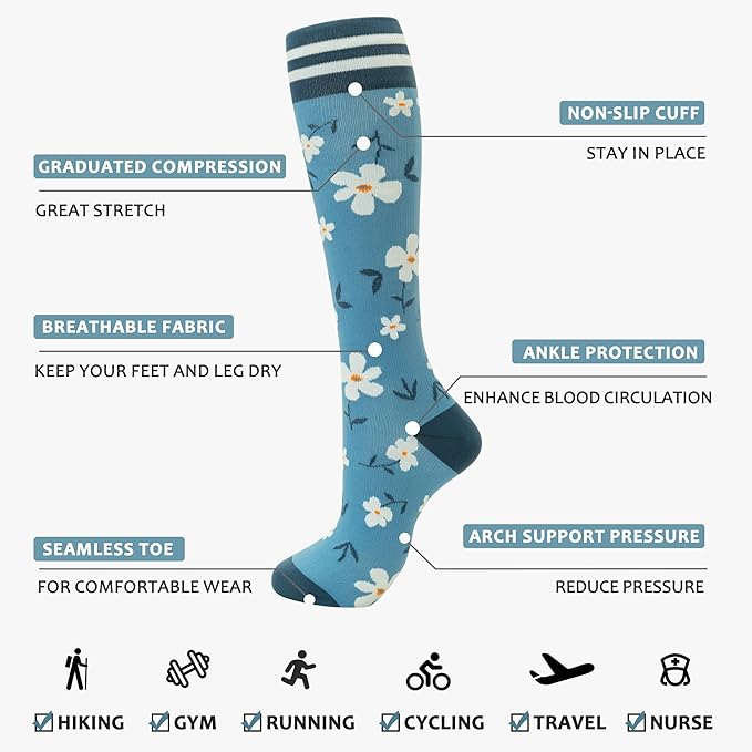 fenglaoda Compression Socks Women Men 4 Pairs, Knee High Support Socks for Running, Sports, Travel, Flight, Nurse
