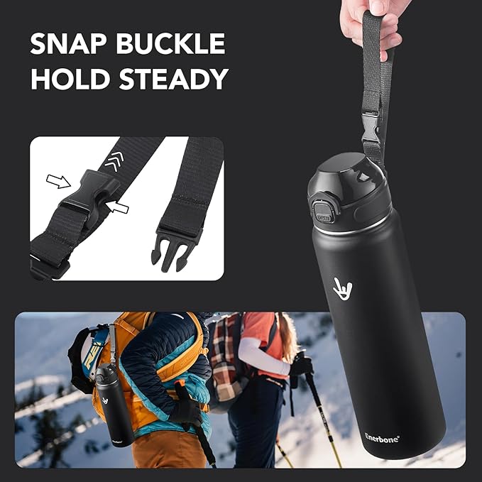 Enerbone 32 oz Insulated Water Bottle, Stainless Steel Bottle with Carrying Strap, Double-Wall Vacuum Insulation Design, Leakproof Sports Bottle with Straw, Keep Drinks Cold or Hot for Hours