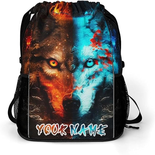 Custom Wolf Drawstring Backpack - Cute Cinch Sack, String Backpacks with Pocket for Women Men Kids Boys Girls for Gym Outdoor Sports Travel Athletic Drawstring Bag - Lightweight/Foldable