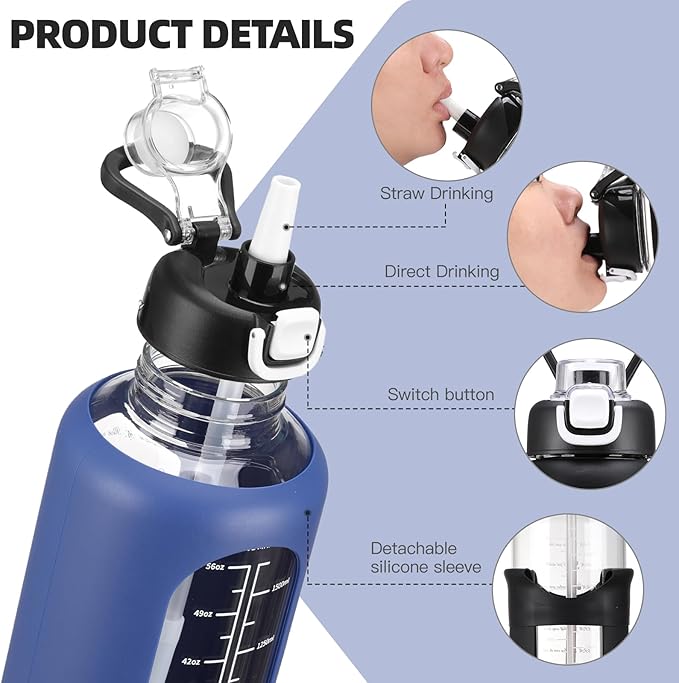 64 oz Glass Water Bolttles with Straw Half Gallon Large Motivational Water Bottle with Time Marker Sports Water Bottles with Silicone Sleeve and Handle Lid Water Jug for Gym Workout