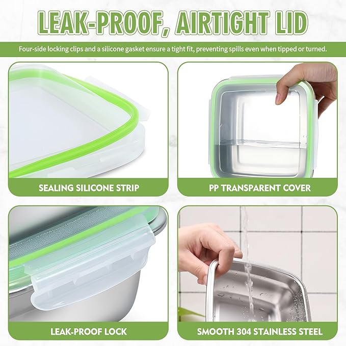 5 Pack Sandwich Containers, 24oz Stainless Steel Sandwich Box with Airtight Lids, Reusable Metal Meal Prep Lunch Boxes, BPA-Free, Dishwasher Safe, Food Storage Containers for Families (Green)