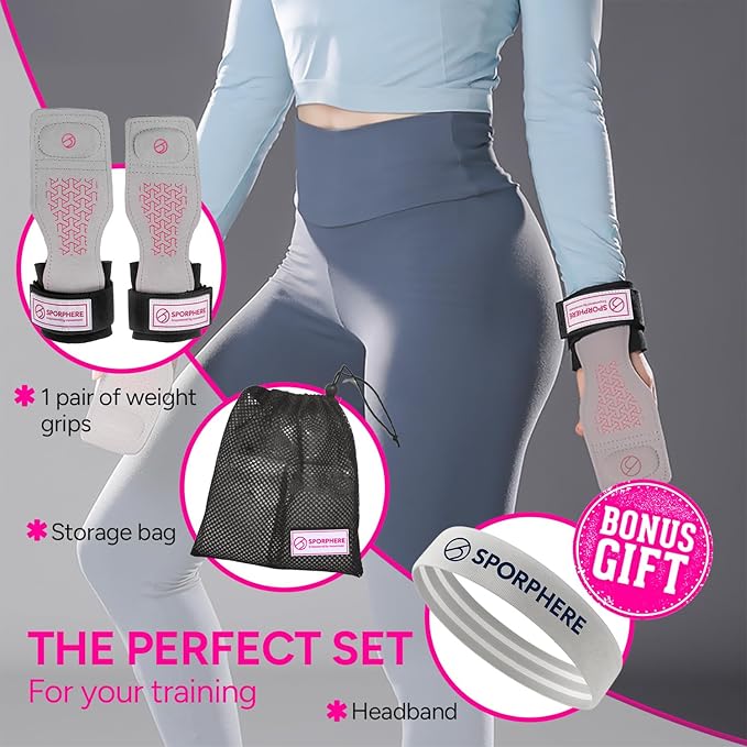 Premium Weight Grips for Women, Hand Straps for Weight Lifting, Crossfit Hand Grips for Women- Anti-Slip Silicone Gym Grips Ergonomic, Stylish, Ideal for CrossFit and Gym Straps– Deadlift & Powerlifting Grip-Headband Bonus- Gift -SPORPHERE