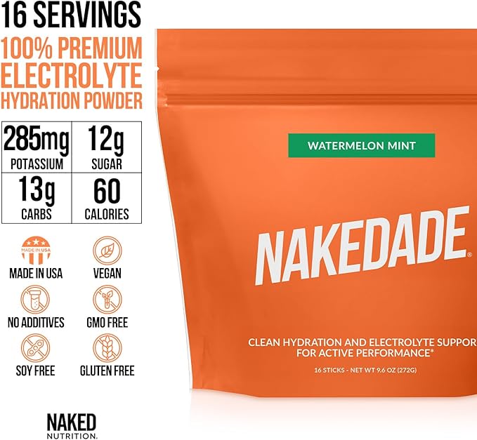 Nakedade Watermelon Mint – Performance Enhancing Sports Drink Powder - Electrolyte Powder – No GMOs or Artificial Sweeteners, Gluten-Free, Soy-Free, Dairy-Free – 16 Sticks