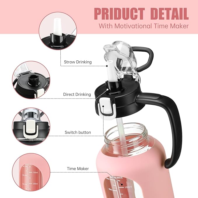 64 oz Glass Water Bottle with Straw and Handle Half Gallon Water Jug with Silicone Sleeve Large Water Bottle for Office, Gym, Outdoor Sports