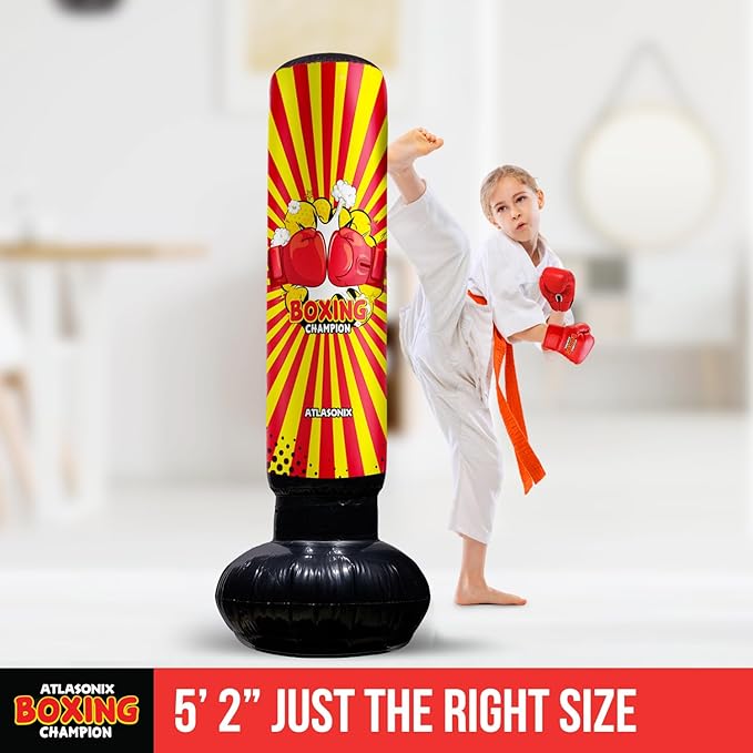 Inflatable Boxing Toy for Boys Age 4-8-12, Standing Kick Dummy, Karate Taekwondo Equipment, Fun Active Game, Birthday Party for Kids, Durable Punch Box Set