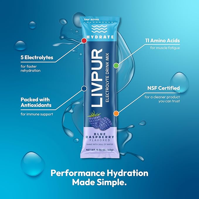 LivPur Electrolyte Drink Mix, Instant Hydration Powder with Vitamin C, B6, B12 & Essential Amino Acids for Muscle Support & Immune Health, Sports Essentials, Blue Raspberry Flavor, 15 Stick Packs