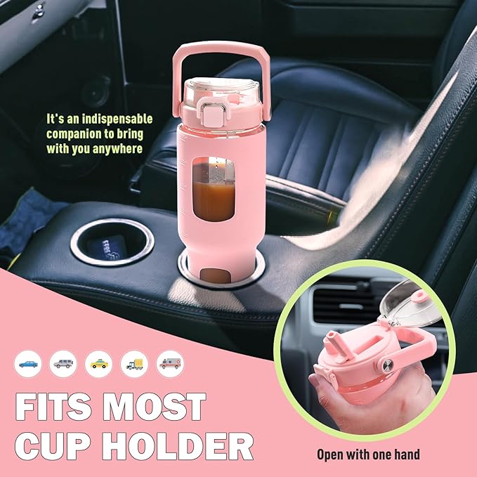 BLUEGO 32oz Glass Tumbler with Lid and Handle, Iced Coffee Cup with Straws, Glass Water Bottle with Silicone Sleeve and Volume, Marker Glass Cup with Time Marking, BPA Free, Pink