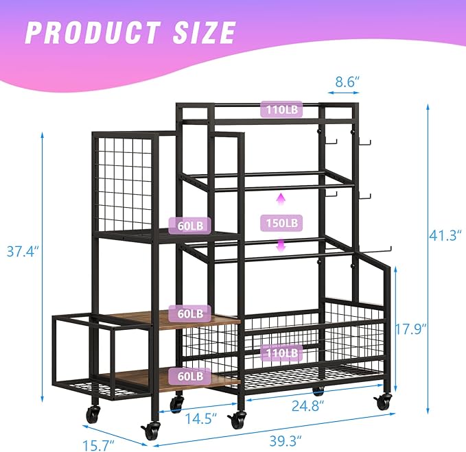 XL Dumbbell Rack Weight Stand – Adjustable Weight Storage Stand with Hooks for Home Gym, Kettlebells, Yoga Mat and Workout Equipment Heavy Duty Weight Rack with Wheels