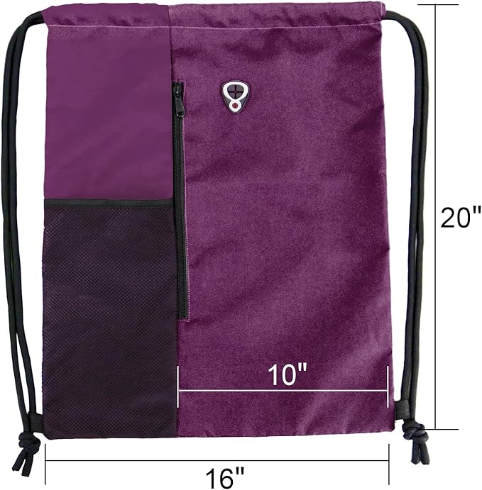BeeGreen Purple Drawstring Backpack Gym Bag For Men & Women – Sports Sackpack with Mesh Water Bottle Holder & 2 Zippered Pockets – Large 16x20 Inch Cinch String Backpack