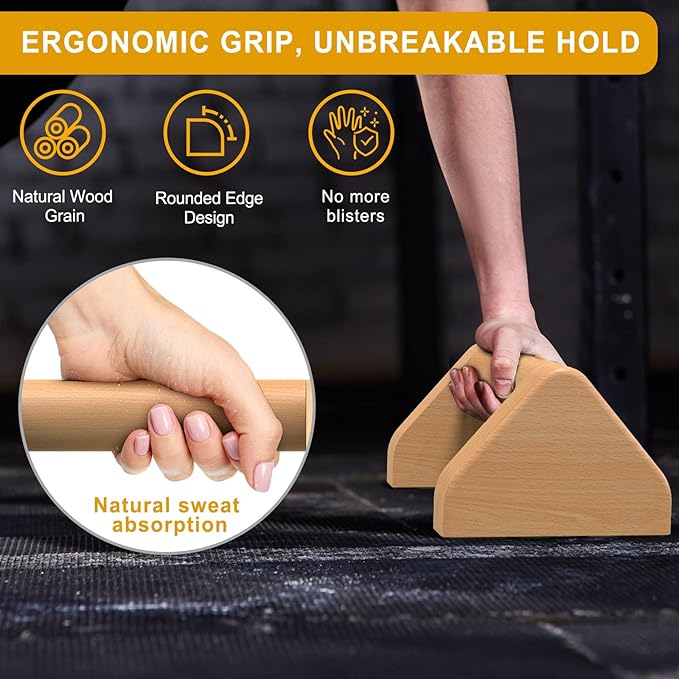Kipika All-Wood Push Up Bars - 4" Beech Wood Push-up Handles for Floor, Non-Slip Rubber Base, Triangular Pushup Stands, Home Gym Fitness Equipment Perfect for Dips, L-Sit, Strength Training