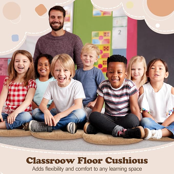 Fumete 8 Pcs 16 Inch Round Floor Cushions for Kids and Toddlers, Flexible Seating Classroom Furniture Floor Pillow for Home, Daycare, Preschool, Yoga and Meditation (Flax)