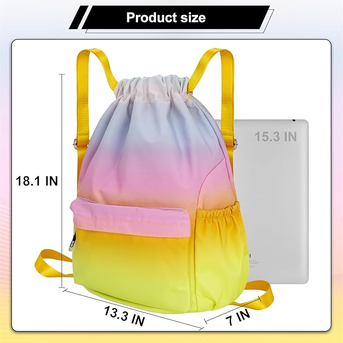 HOLYLUCK Drawstring Backpack Sports Gym Bag Water Resistant String Bag Cinch Sackpack with Side Zipper Pocket for Shopping Sport Yoga - Rainbow gradient