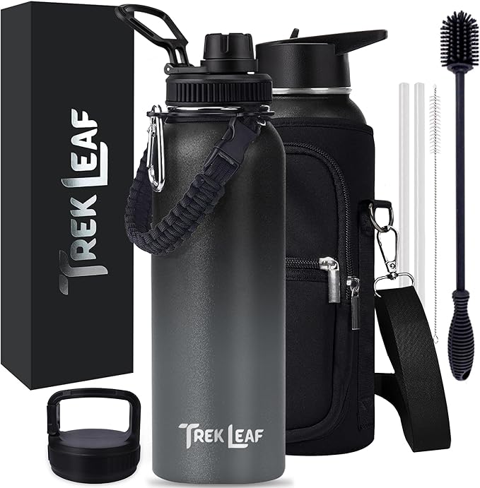 Travel Water Bottle with Carrying Bag, 3 Lids (Spout, Straw, Handle), and Bottle Brush; Leak Proof, Quality, Vacuum Insulated, Stainless Steel (Charcoal Fog, 40 oz)