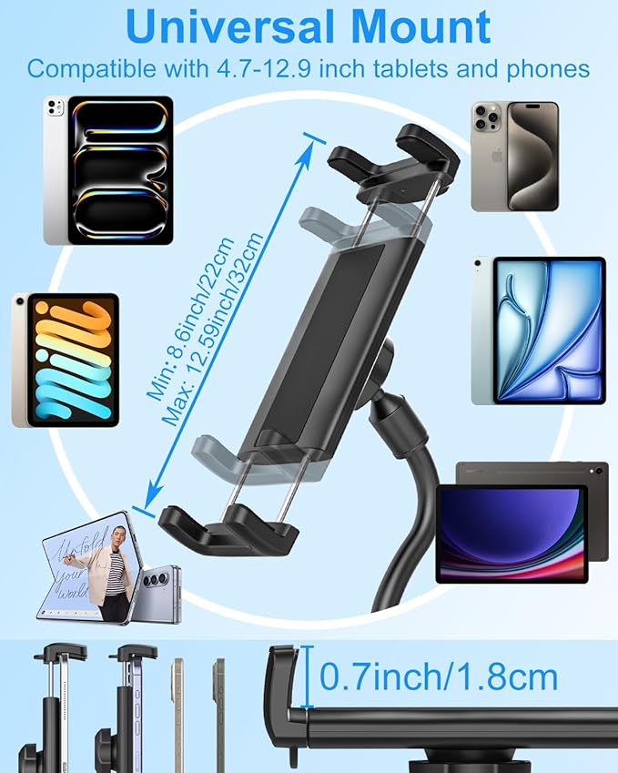 Gooseneck Tablet Holder for Spin Bike, Stationary Bicycle, Wheelchair, Treadmill, Indoor Bike, Peloton, Elliptical, Tablet Mount Clamp for iPad Pro, Air, Mini, Galaxy Tabs, 4.7-12.9" Tablets