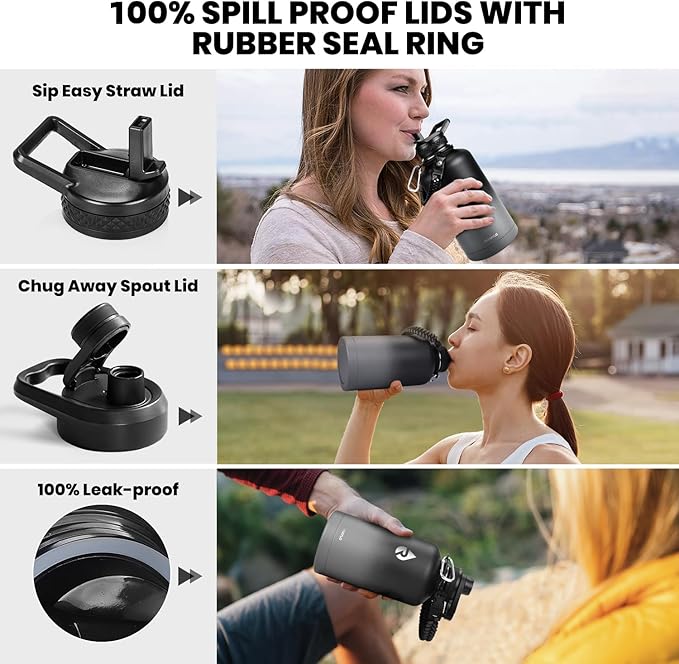 Insulated Water Bottle 64 oz, Triple Wall Vacuum Stainless Steel (Cold for 48 Hrs), Leak Proof & Non-BPA, Half Gallon Water Flask Jug with Paracord Handle & Straw Spout Lids, Dark Gray