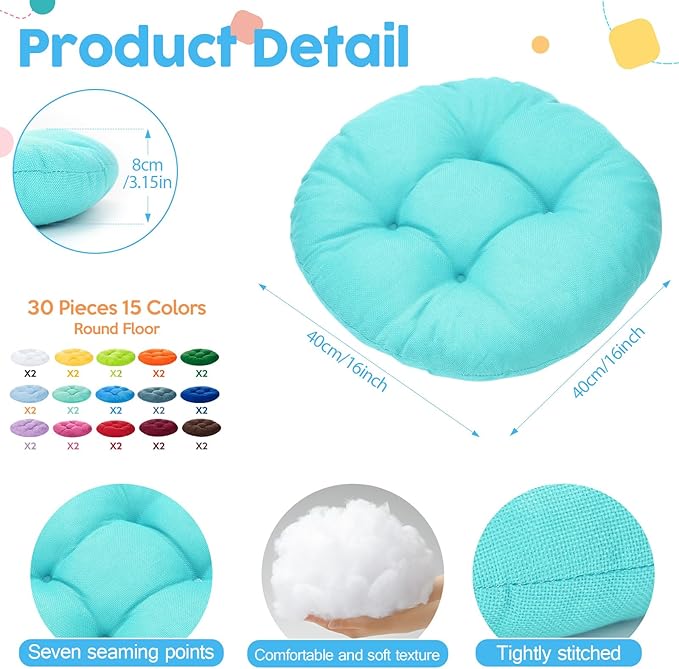 Fumete 30 Pcs 16 Inch Round Floor Cushions for Kids and Toddlers, Flexible Seating Classroom Furniture Floor Pillow for Home, Daycare, Preschool, Yoga and Meditation (Colorful)