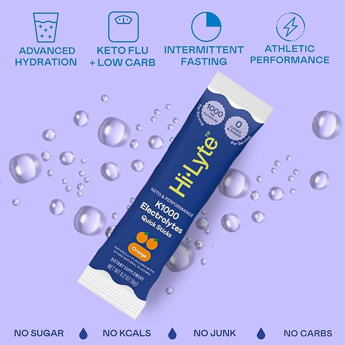 Hi-Lyte K1000 Electrolytes Quick Sticks Orange Keto & Performance, 30 Servings - 1000mg Potassium + Magnesium, Sodium, Trace Minerals - 0 Carbs, 0 Sugar