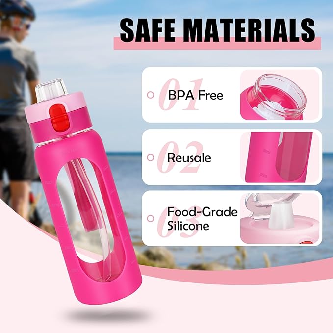 ANOTION 24OZ Glass Water Bottle, Large Sports Water Bottle with Dual-Drink Lid Clear Leakproof Glass Bottles with Straw, Motivational Jug with Silicone Sleeve and Time Marker for Travel Gym-Pink