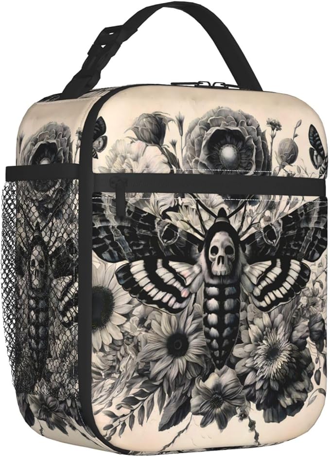 Gothic Moth Polyester Lunch Box for Kids Teen,Goth Reusable Thermal Lunch Bag for Adult Women,Dark Floral Insulated Tote Cooler Bags for School,Work,Picnic,Travel,Vintage Halloween Style