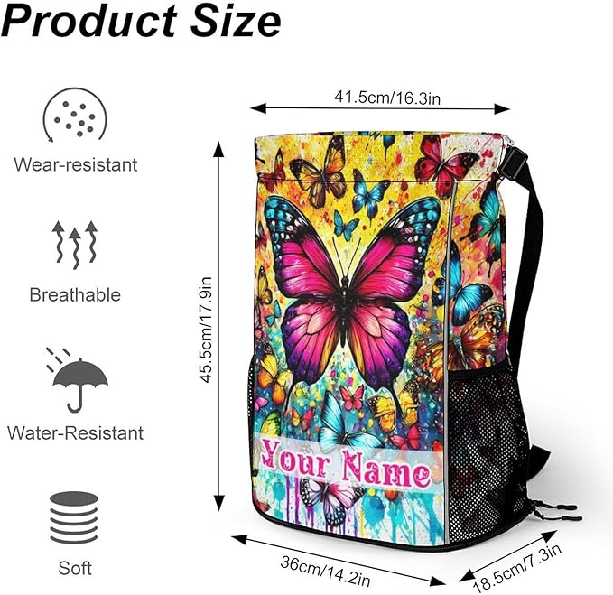 Custom Butterfly Drawstring Backpack - Cute Cinch Sack, String Backpacks with Pocket for Kids Boys Girls Women Men for Gym Outdoor Sports Travel Athletic Drawstring Bag - Lightweight/Foldable