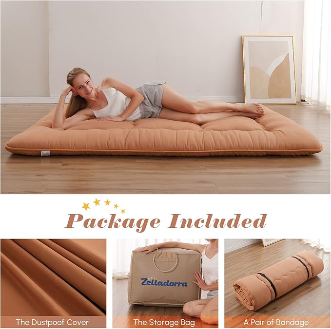 Japanese Floor Mattress, Futon Mattress with Portable Storage Bag and Washable Cover, Roll Up Thick Tatami Mat Suitable for Camping, Guest Room, Light Coffee, Queen