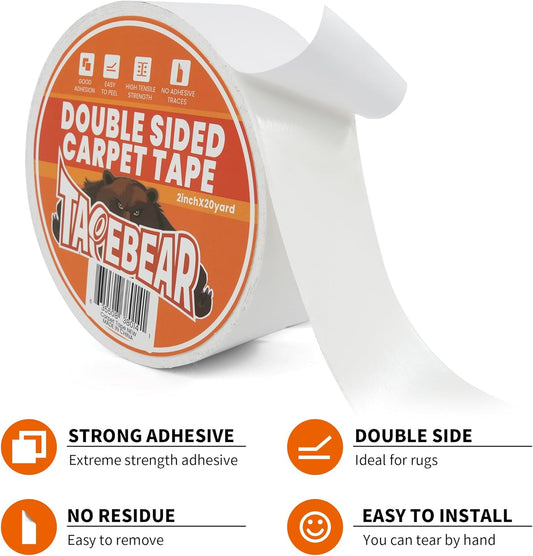 TAPEBEAR Double Sided Carpet Tape 2Inch x 20Yards x 2Rolls, Heavy Duty Rug Tape Residue-Free Carpet Gripper for Area Rugs, Wood, Floor, Multipurpose Gripper Non Slip Tape, White