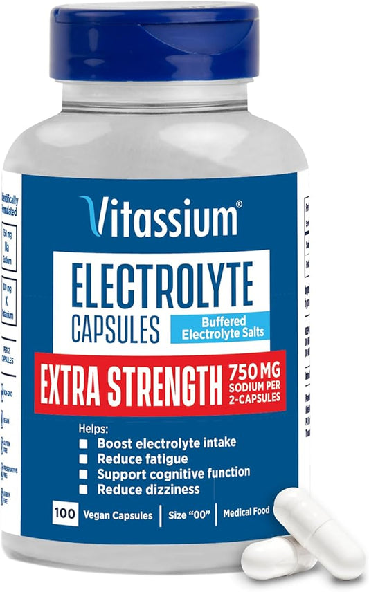 Vitassium Extra Strength Electrolyte Capsules, 750mg of Sodium for The Management of POTS and High Sodium Diets, Unflavored, 100 Salt Pills (Size 00)