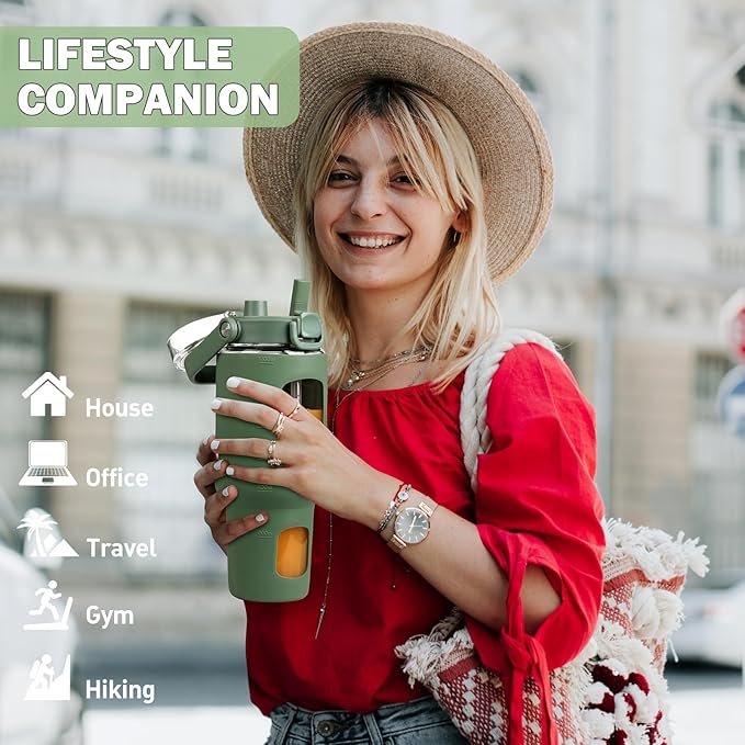 BLUEGO 40 oz Glass Water Bottles with Straw Time Marker, Glass Tumbler with Handle Top Lids, Easy to Clean, Fits in Car Cup Holder, Leakproof Jug for Gym, Sports, Workout & Daily, 02 Olive