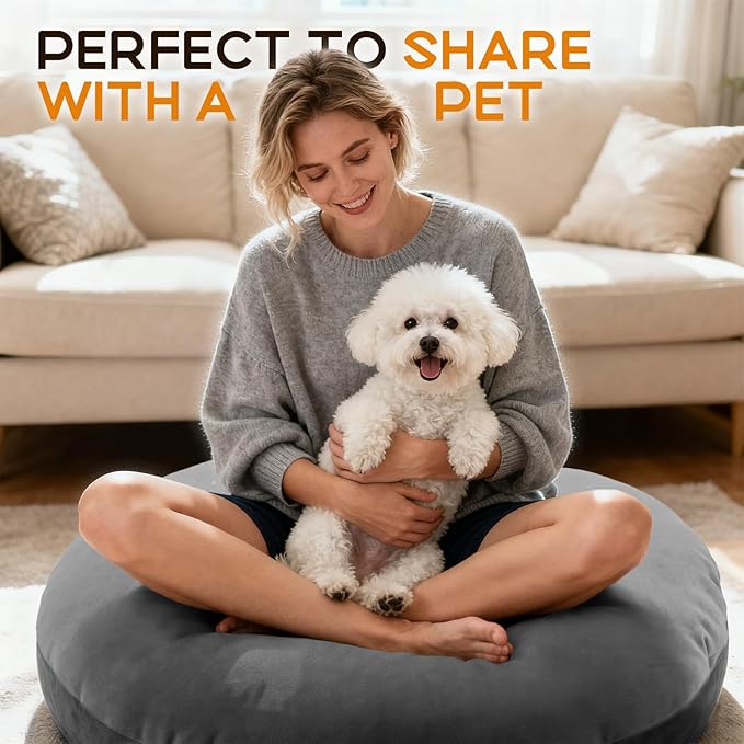 32" Round Floor Pillow with 13" Thick Padding, Velvet Meditation Cushion for Yoga & Lounge Seating, Large Ottoman Replacement Floor Mat for Adults, Decorative Accent Pillow (Grey)