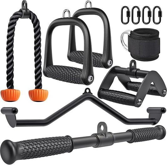 SELEWARE Triceps LAT Pulldown Attachments Home Gym Workout Accessories with Non-Slip Soft Rubber Grip Cable Machine Attachments Triceps Rope Double D Row Handle Pull Down Bar Straight Bar Exercise