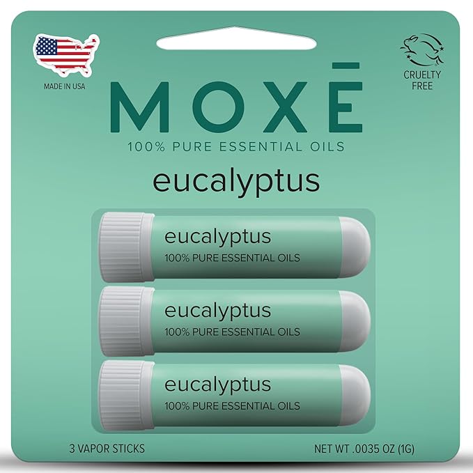 MOXĒ Eucalyptus Essential Oil Nasal Inhaler, Sinus & Congestion Relief, Daily Relaxation, Stress Relief, Therapeutic No-Mess Aromatherapy, Pure and Natural, Made in USA (3 Pack) packaging may vary