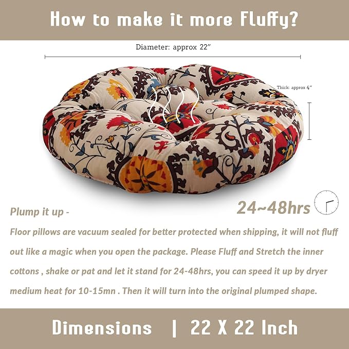 Boho Round Floor Seat Pillows Cushions 22" x 22", Soft Cotton Linen Bohemian Yoga Mandala Meditation Pouf Tatami Floor Pillow Cushion for Living Room Adults & Kids Casual Reading Nooks,Flowers Beige