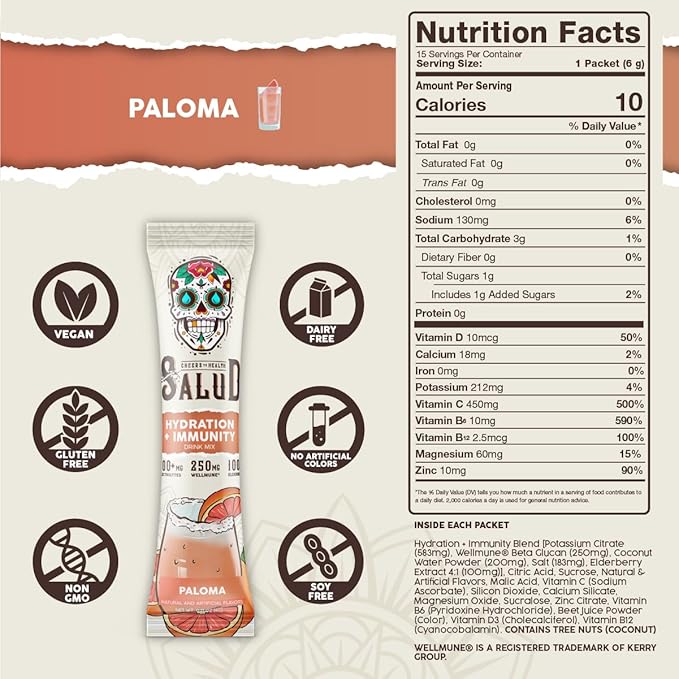 Salud 2-in-1 Hydration Packets + Immunity Electrolytes Powder, Paloma - Agua Fresca Drink Mix, Elderberry, Dairy & Soy Free, Non-GMO, Gluten Free, Vegan, Low Calorie, 1g Sugar (15 Servings)