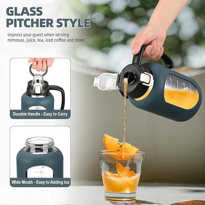 64 oz Glass Water Bottle with Straw and Handle Half Gallon Water Jug with Silicone Sleeve Large Water Bottle for Office, Gym, Outdoor Sports