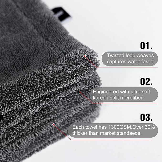 2 Pack XL Car Drying Towel – 1300GSM Ultra Absorbent Microfiber, 24"x36" Large Size, Twisted Loop, Lint-Free & Streak-Free for Auto Detailing, Car, SUV, Truck (Gray-Gray)