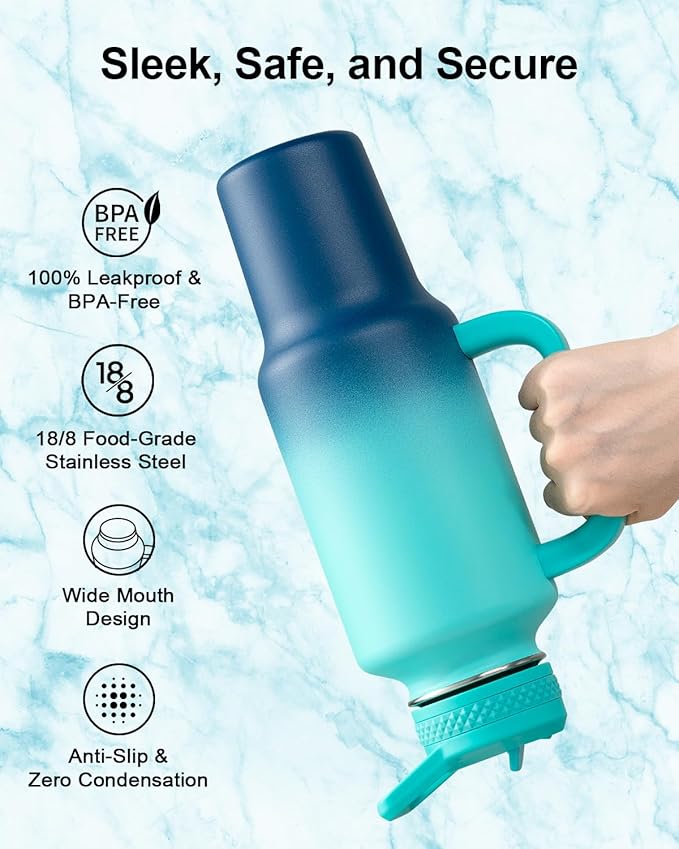 Trebo 40 oz Water Bottle Insulated Fit Car Cup Holder with Handle, Stainless Steel Retro Bottles Tumbler with Straw Lids, Vacuum Double Wall,Keep 24hrs Cold,Leakproof Reusable Travel Flask
