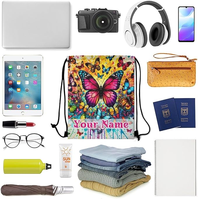 Custom Butterfly Drawstring Backpack - Cute Cinch Sack, String Backpacks for Kids Boys Girls Women Men for Gym Outdoor Sports Travel Athletic Drawstring Bag - Lightweight/Foldable