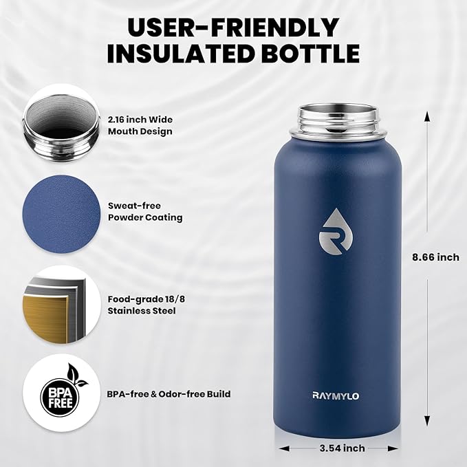 Insulated Water Bottle 32 oz, Triple Wall Vacuum Stainless Steel (Cold for 48 Hrs), Leak Proof & Non-BPA, Modern Water Flask Jug with Paracord Handle & Straw Spout Lids, Navy Blue