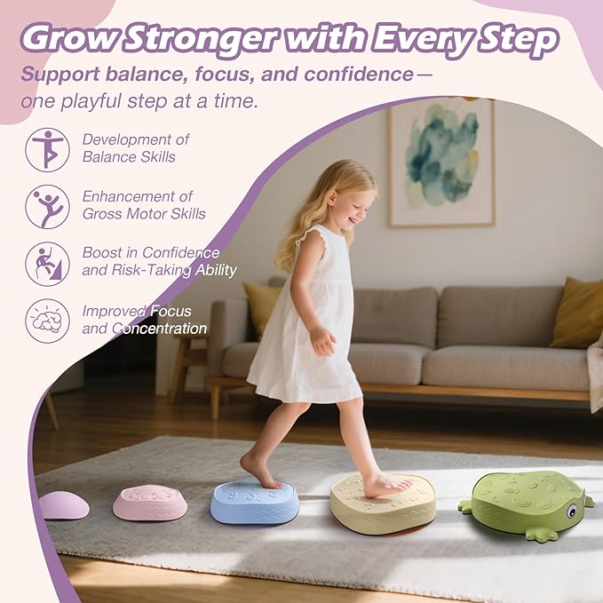 Pastel Stepping Stones for Kids, Non-Slip Sensory Balance Toys – Indoor/Outdoor Obstacle Course Set to Develop Coordination Motor Skills, Durable Rubber Plastic Toddler Fitness Game,Age 3+