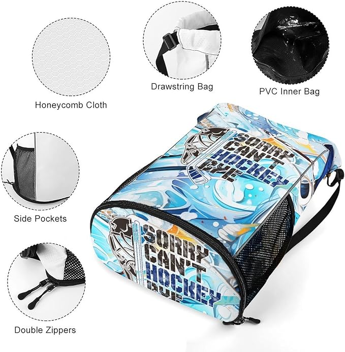 Hockey Drawstring Backpack - Cool Cinch Sack, String Backpacks with Pocket for Kids Women Men Boys Girls for Gym Outdoor Sports Travel Athletic Drawstring Bag - Lightweight/Foldable