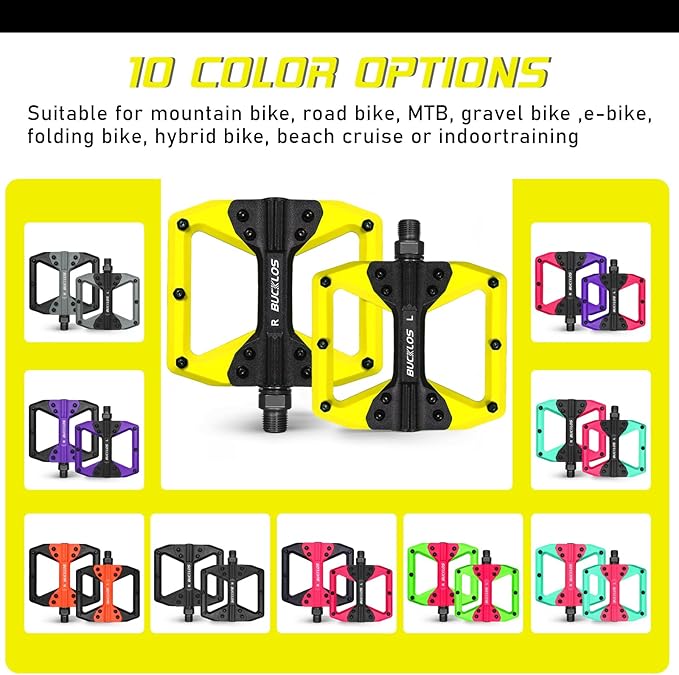 BUCKLOS MTB Flat Pedals Mountain Bike Pedals, 3 Bearings CNC Adult Road Bike Pedals, Bicycle Platform Aluminum Alloy Non-Slip Pedal for Gravel Bike/BMX 9/16"(Black)