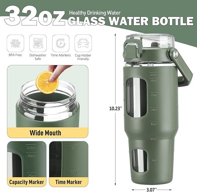 BLUEGO 32oz Glass Tumbler with Lid and Handle, Iced Coffee Cup with Straws, Glass Water Bottle with Silicone Sleeve and Volume, Marker Glass Cup with Time Marking, BPA Free, Olive